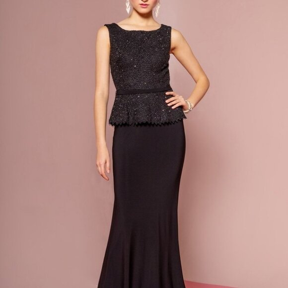 Evening Party Mother of Bride Peplum Floor Length Jersey Dress with Lace Bodice - Picture 1 of 8